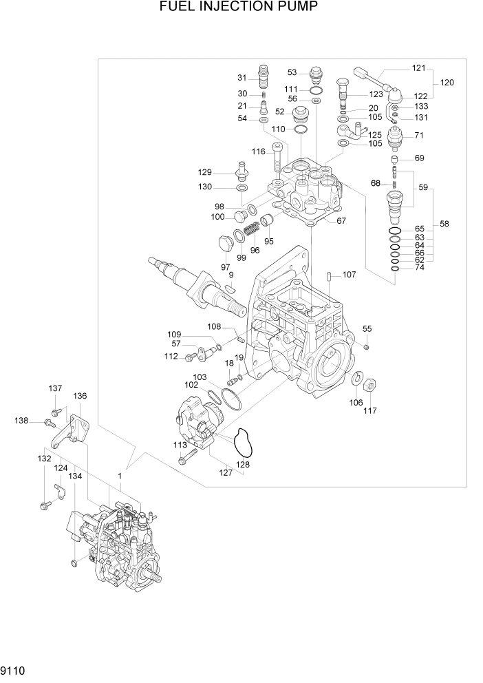 Схема запчастей Hyundai R55W7A - PAGE 9110 FUEL INJECTION PUMP ДВИГАТЕЛЬ БАЗА