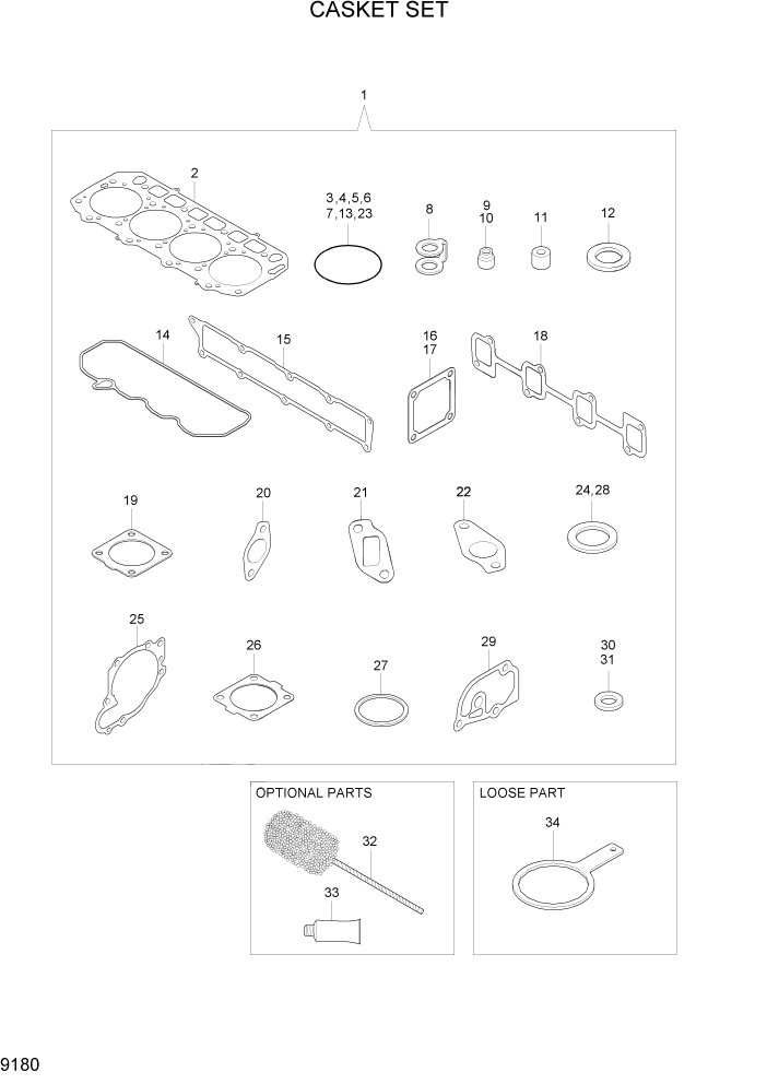 Схема запчастей Hyundai R55W7A - PAGE 9180 GASKET SET ДВИГАТЕЛЬ БАЗА