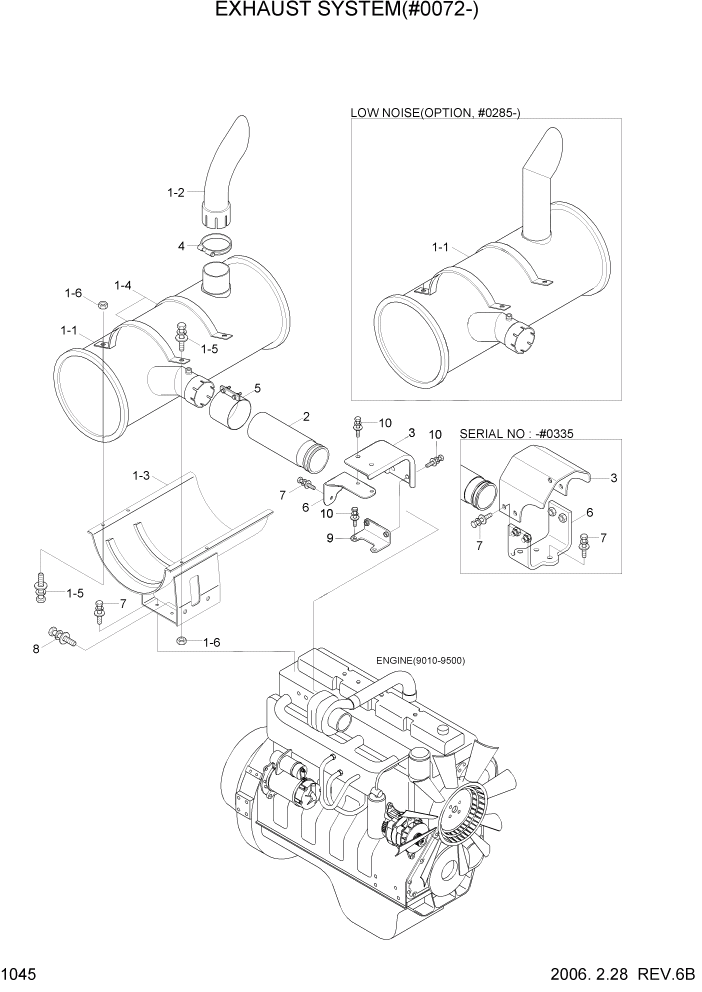 Схема запчастей Hyundai R140W7 - PAGE 1045 EXHAUST SYSTEM(#0072-) СИСТЕМА ДВИГАТЕЛЯ