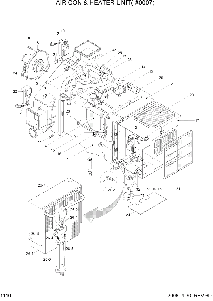 Схема запчастей Hyundai R140W7 - PAGE 1110 AIRCON & HEATER UNIT(-#0007) СИСТЕМА ДВИГАТЕЛЯ