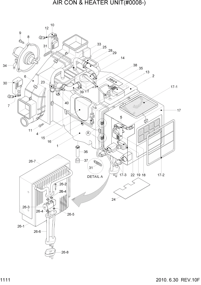 Схема запчастей Hyundai R140W7 - PAGE 1111 AIRCON & HEATER UNIT(#0008-) СИСТЕМА ДВИГАТЕЛЯ