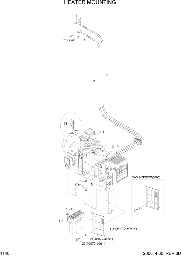 Схема запчастей Hyundai R140W7 - PAGE 1140 HEATER MOUNTING СИСТЕМА ДВИГАТЕЛЯ