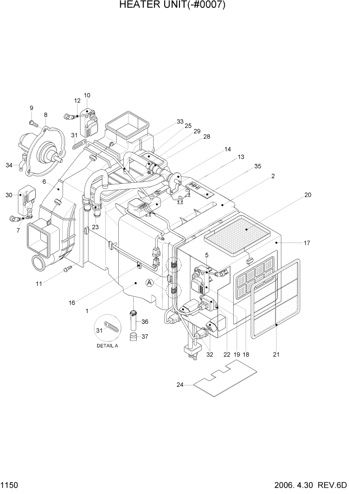 Схема запчастей Hyundai R140W7 - PAGE 1150 HEATER UNIT(-#0007) СИСТЕМА ДВИГАТЕЛЯ