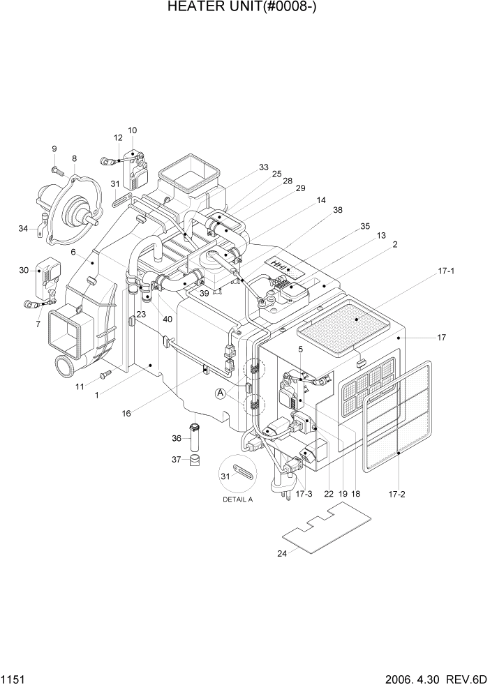 Схема запчастей Hyundai R140W7 - PAGE 1151 HEATER UNIT(#0008-) СИСТЕМА ДВИГАТЕЛЯ