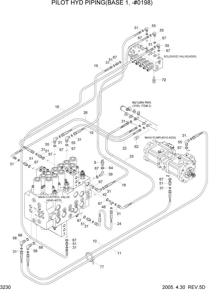 Схема запчастей Hyundai R140W7 - PAGE 3230 PILOT HYD PIPING(BASE 1, -#0198) ГИДРАВЛИЧЕСКАЯ СИСТЕМА