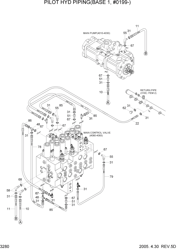 Схема запчастей Hyundai R140W7 - PAGE 3280 PILOT HYD PIPING(BASE 1, #0199-) ГИДРАВЛИЧЕСКАЯ СИСТЕМА