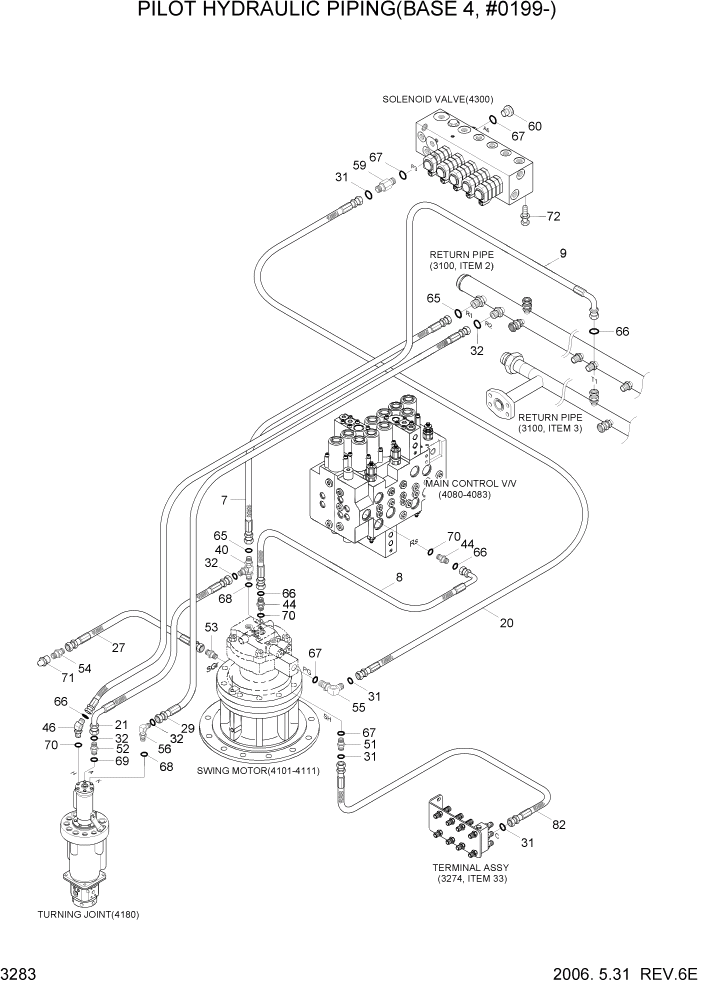 Схема запчастей Hyundai R140W7 - PAGE 3283 PILOT HYD PIPING(BASE 4, #0199-) ГИДРАВЛИЧЕСКАЯ СИСТЕМА