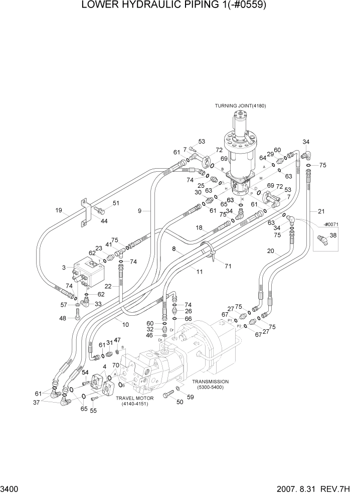 Схема запчастей Hyundai R140W7 - PAGE 3400 LOWER HYDRAULIC PIPING 1(-#0559) ГИДРАВЛИЧЕСКАЯ СИСТЕМА