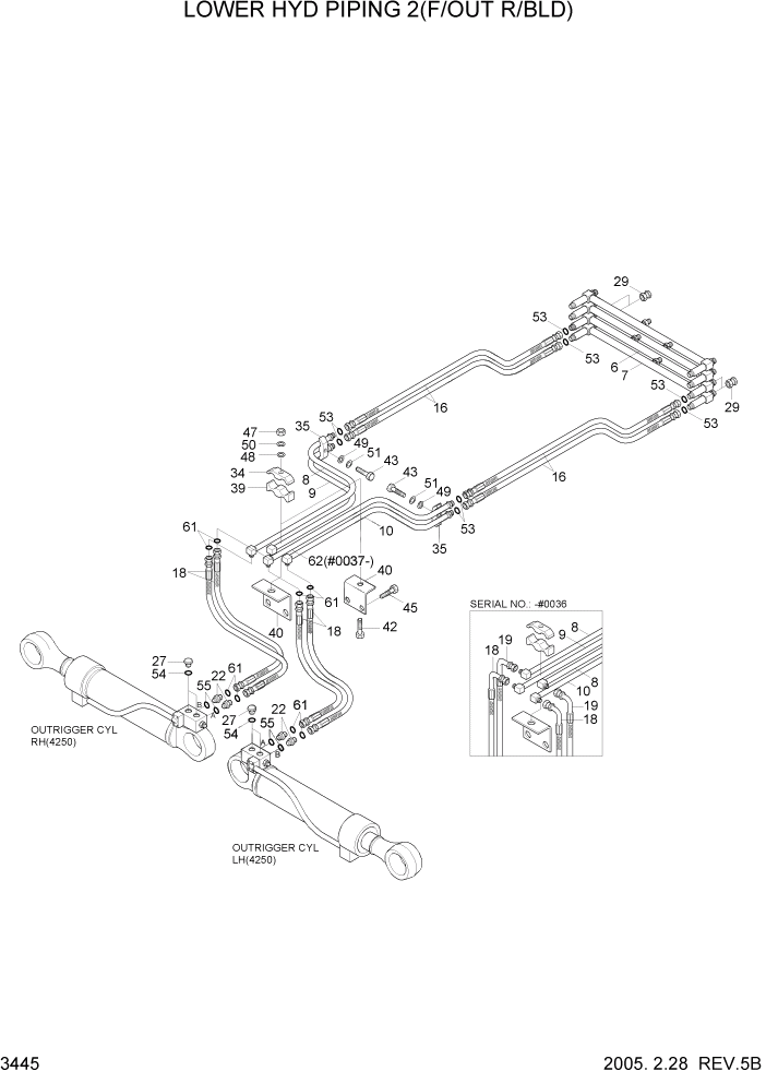 Схема запчастей Hyundai R140W7 - PAGE 3445 LOWER HYD PIPING 2(F/OUT R/BLD) ГИДРАВЛИЧЕСКАЯ СИСТЕМА