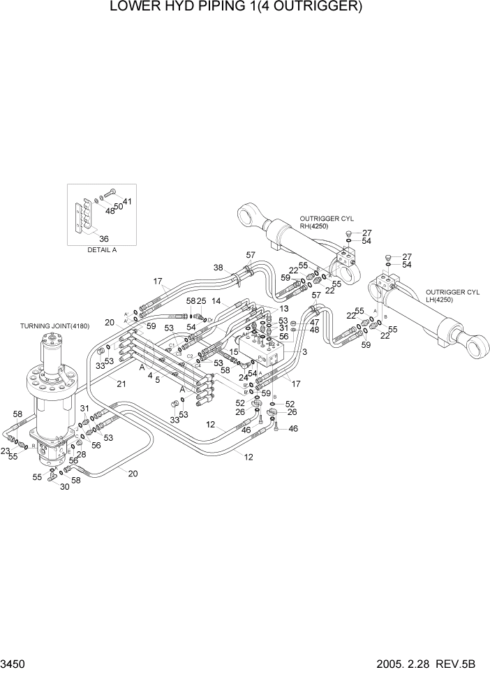 Схема запчастей Hyundai R140W7 - PAGE 3450 LOWER HYD PIPING 1(4 OUTRIGGER) ГИДРАВЛИЧЕСКАЯ СИСТЕМА