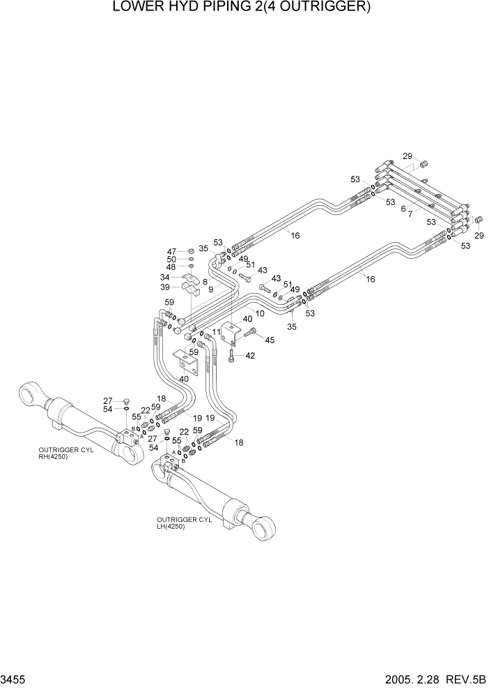 Схема запчастей Hyundai R140W7 - PAGE 3455 LOWER HYD PIPING 2(4 OUTRIGGER) ГИДРАВЛИЧЕСКАЯ СИСТЕМА