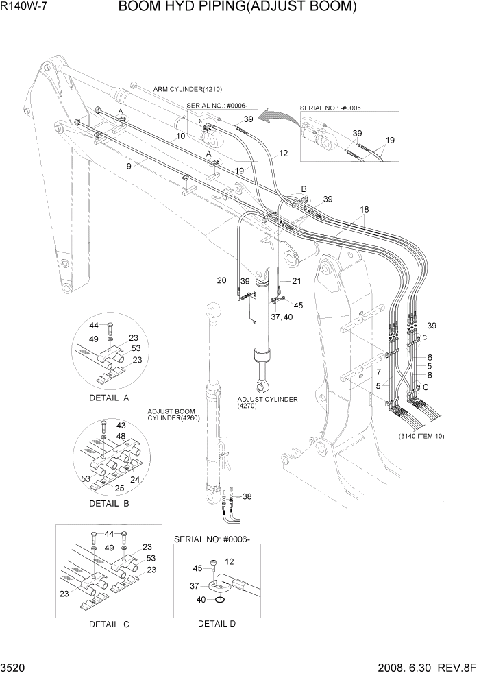 Схема запчастей Hyundai R140W7 - PAGE 3520 BOOM HYD PIPING(ADJUST BOOM) ГИДРАВЛИЧЕСКАЯ СИСТЕМА