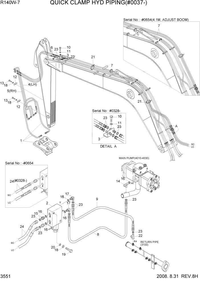 Схема запчастей Hyundai R140W7 - PAGE 3551 QUICK CLAMP HYD PIPING(#0037-) ГИДРАВЛИЧЕСКАЯ СИСТЕМА