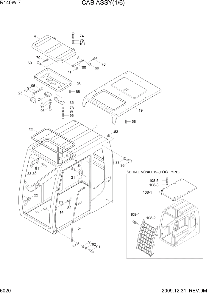 Схема запчастей Hyundai R140W7 - PAGE 6020 CAB ASSY(1/6, STD & FOG TYPE) СТРУКТУРА