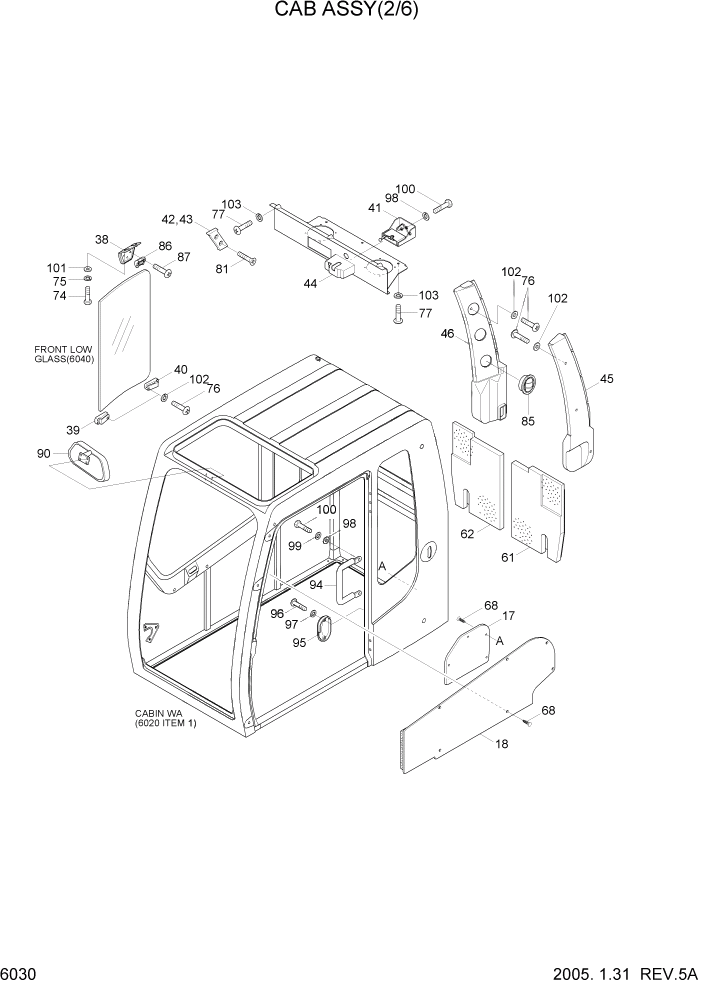 Схема запчастей Hyundai R140W7 - PAGE 6030 CAB ASSY(2/6) СТРУКТУРА