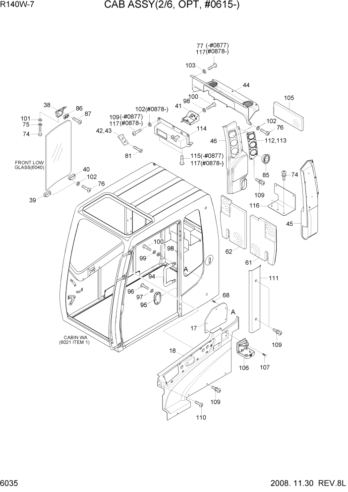 Схема запчастей Hyundai R140W7 - PAGE 6035 CAB ASSY(2/6, OPT, #0615-) СТРУКТУРА