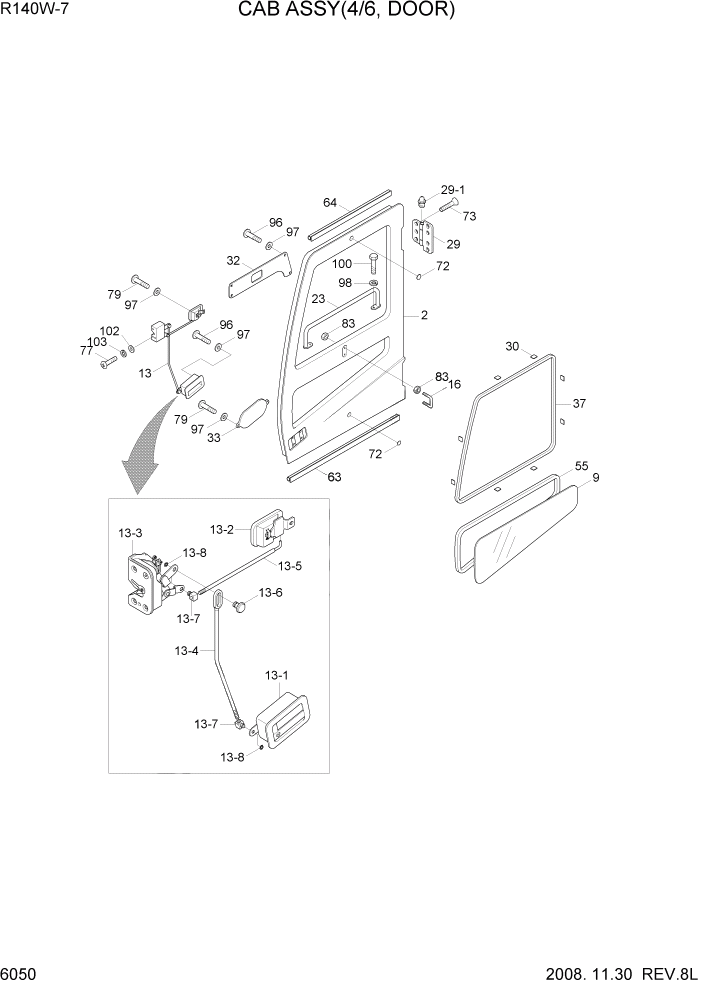 Схема запчастей Hyundai R140W7 - PAGE 6050 CAB ASSY(4/6, DOOR) СТРУКТУРА