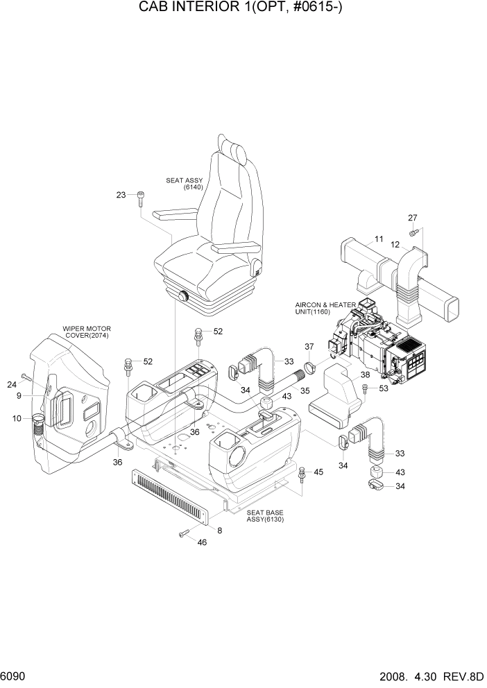 Схема запчастей Hyundai R140W7 - PAGE 6090 CAB INTERIOR 1(OPT, #0615-) СТРУКТУРА