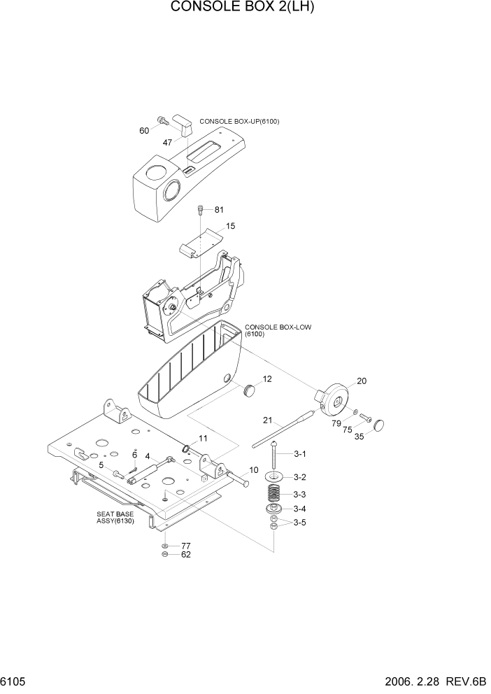 Схема запчастей Hyundai R140W7 - PAGE 6105 CONSOLE BOX 2(LH) СТРУКТУРА