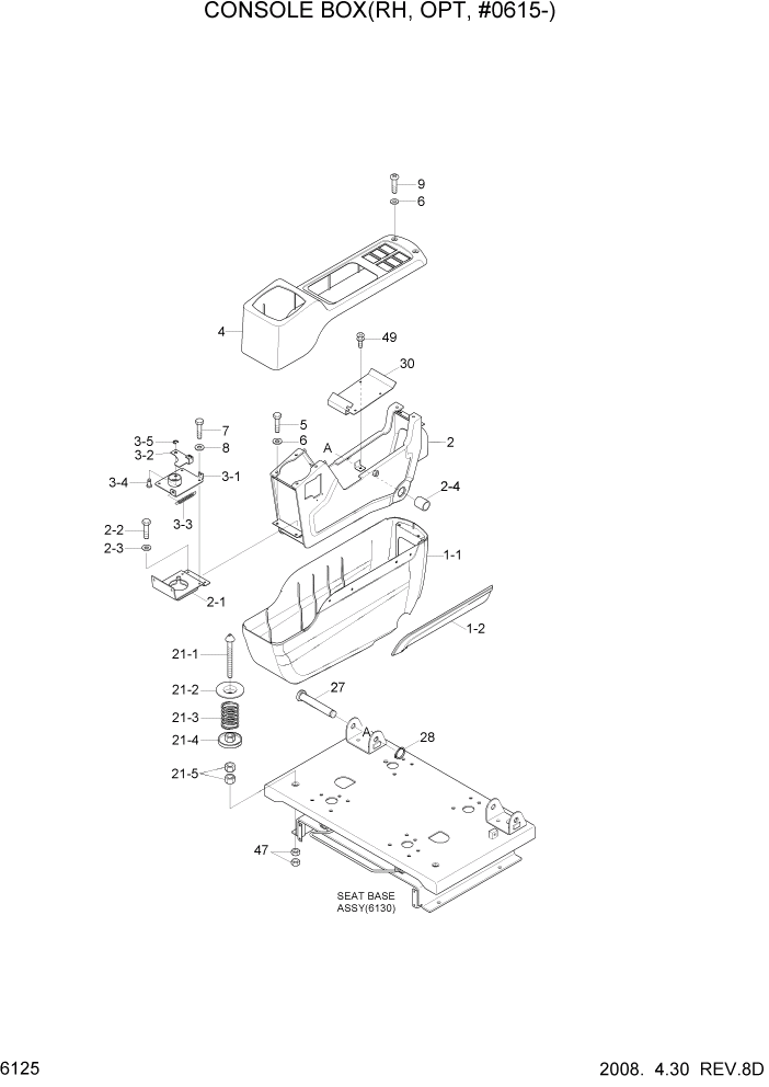 Схема запчастей Hyundai R140W7 - PAGE 6125 CONSOLE BOX(RH, OPT, #0615-) СТРУКТУРА