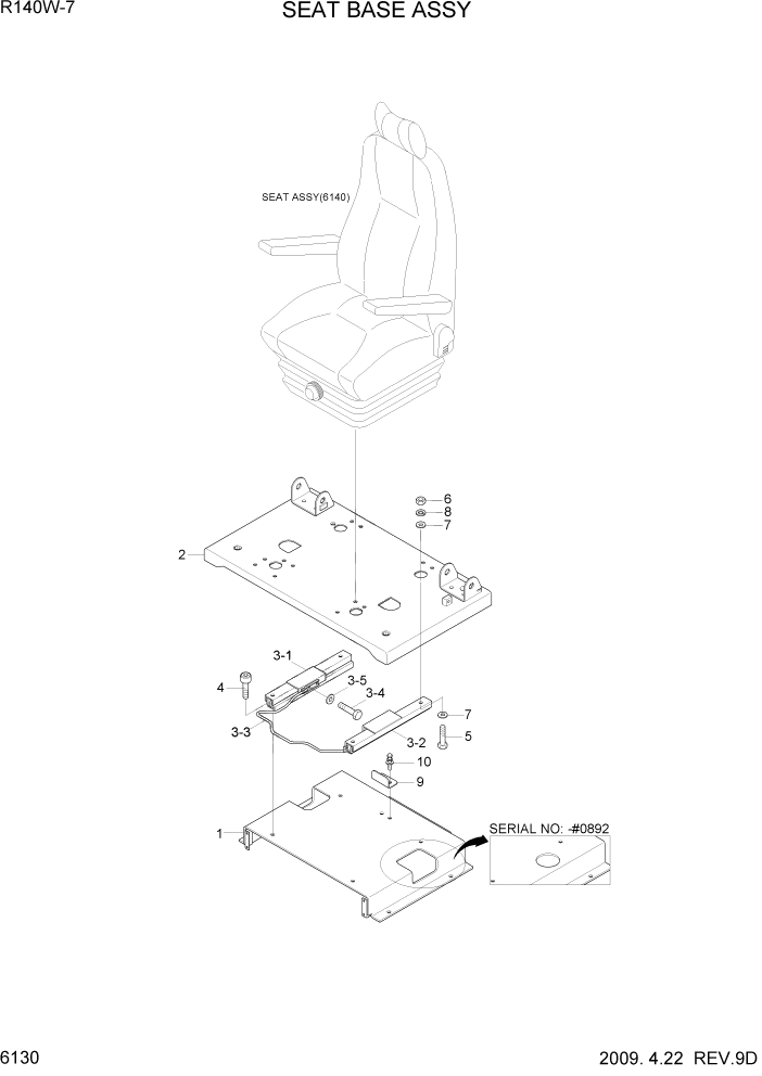 Схема запчастей Hyundai R140W7 - PAGE 6130 SEAT BASE ASSY СТРУКТУРА