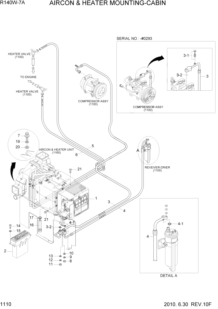 Схема запчастей Hyundai R140W7A - PAGE 1110 AIRCON & HEATER MOUNTING-CABIN СИСТЕМА ДВИГАТЕЛЯ