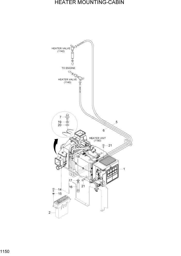 Схема запчастей Hyundai R140W7A - PAGE 1150 HEATER MOUNTING-CABIN СИСТЕМА ДВИГАТЕЛЯ