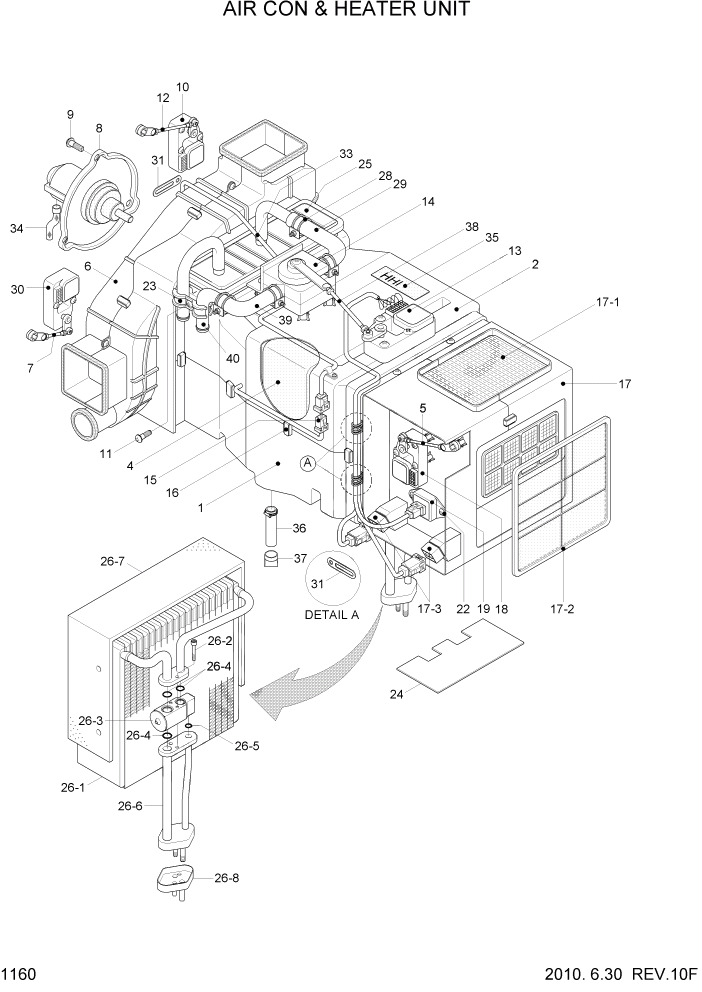 Схема запчастей Hyundai R140W7A - PAGE 1160 AIRCON & HEATER UNIT СИСТЕМА ДВИГАТЕЛЯ