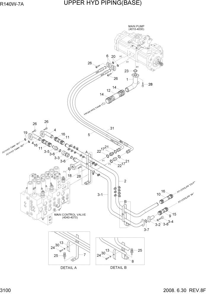 Схема запчастей Hyundai R140W7A - PAGE 3100 UPPER HYD PIPING(BASE) ГИДРАВЛИЧЕСКАЯ СИСТЕМА