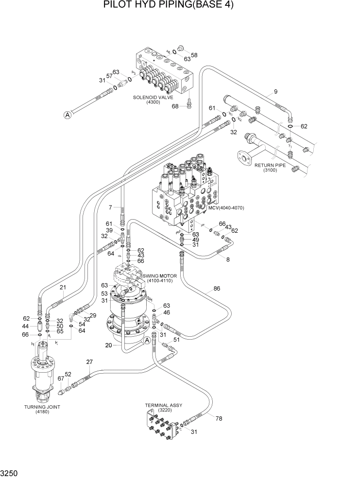 Схема запчастей Hyundai R140W7A - PAGE 3250 PILOT HYD PIPING(BASE 4) ГИДРАВЛИЧЕСКАЯ СИСТЕМА