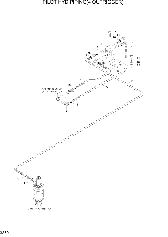 Схема запчастей Hyundai R140W7A - PAGE 3280 PILOT HYD PIPING(4 OUTRIGGER) ГИДРАВЛИЧЕСКАЯ СИСТЕМА