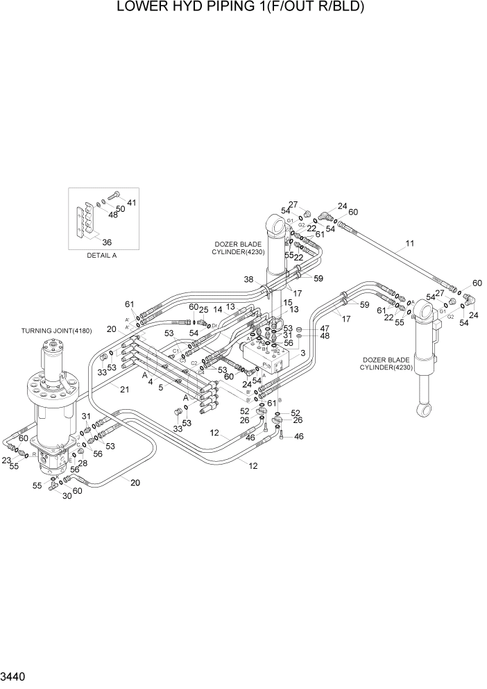 Схема запчастей Hyundai R140W7A - PAGE 3440 LOWER HYD PIPING 1(F/OUT R/BLD) ГИДРАВЛИЧЕСКАЯ СИСТЕМА