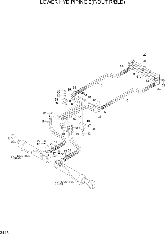 Схема запчастей Hyundai R140W7A - PAGE 3445 LOWER HYD PIPING 2(F/OUT R/BLD) ГИДРАВЛИЧЕСКАЯ СИСТЕМА