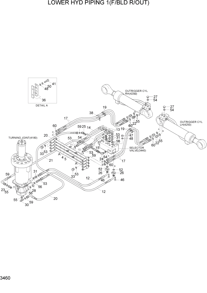 Схема запчастей Hyundai R140W7A - PAGE 3460 LOWER HYD PIPING 1(F/BLD R/OUT) ГИДРАВЛИЧЕСКАЯ СИСТЕМА