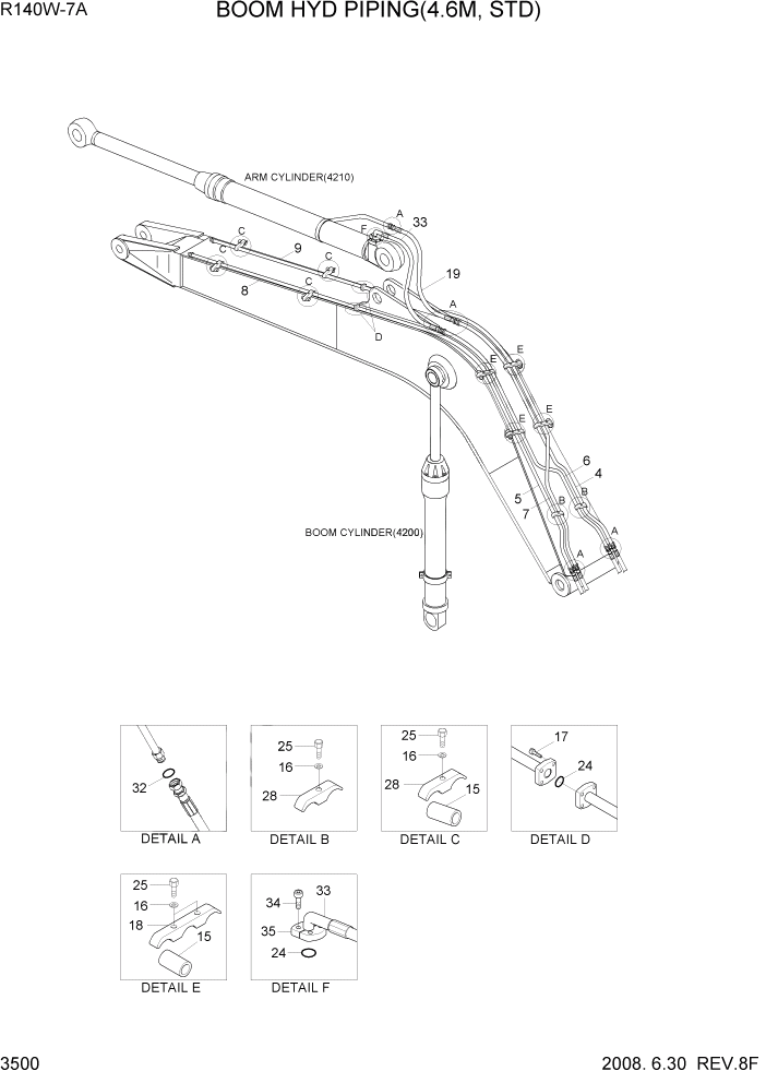 Схема запчастей Hyundai R140W7A - PAGE 3500 BOOM HYD PIPING(4.6M, STD) ГИДРАВЛИЧЕСКАЯ СИСТЕМА