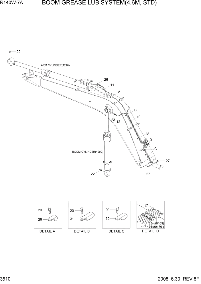 Схема запчастей Hyundai R140W7A - PAGE 3510 BOOM GREASE LUB SYSTEM(4.6M, STD) ГИДРАВЛИЧЕСКАЯ СИСТЕМА