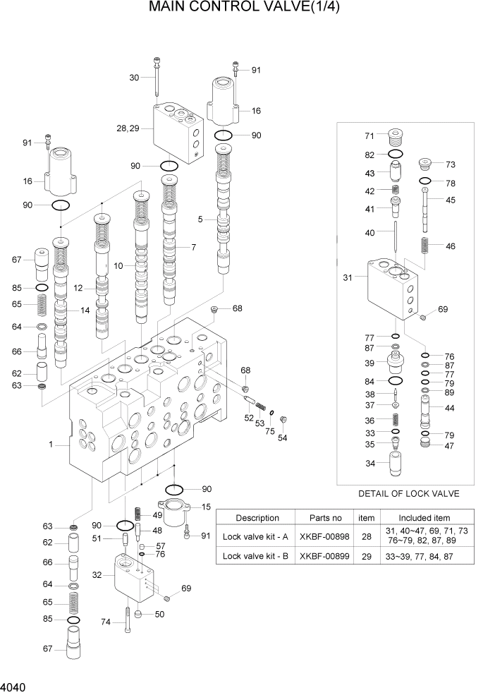 Схема запчастей Hyundai R140W7A - PAGE 4040 MAIN CONTROL VALVE(1/4) ГИДРАВЛИЧЕСКИЕ КОМПОНЕНТЫ