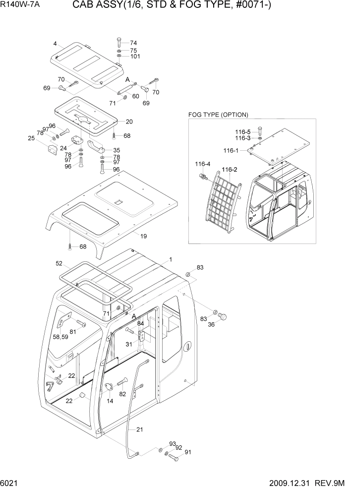 Схема запчастей Hyundai R140W7A - PAGE 6021 CAB ASSY(1/6, STD & FOG TYPE, #0071-) СТРУКТУРА