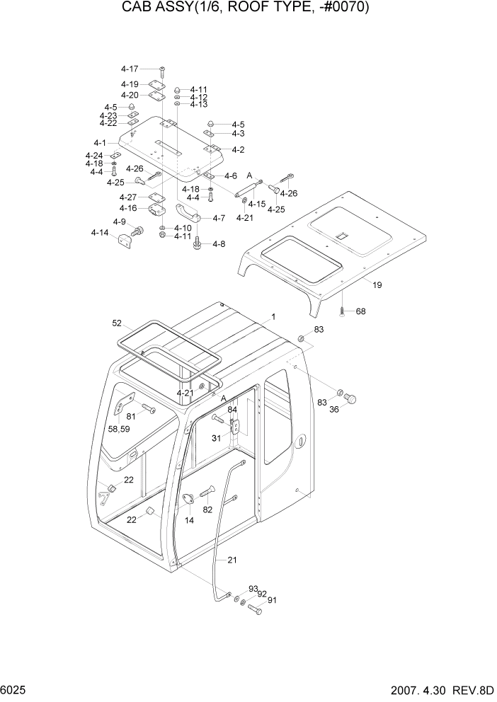 Схема запчастей Hyundai R140W7A - PAGE 6025 CAB ASSY(1/6, ROOF TYPE, -#0070) СТРУКТУРА