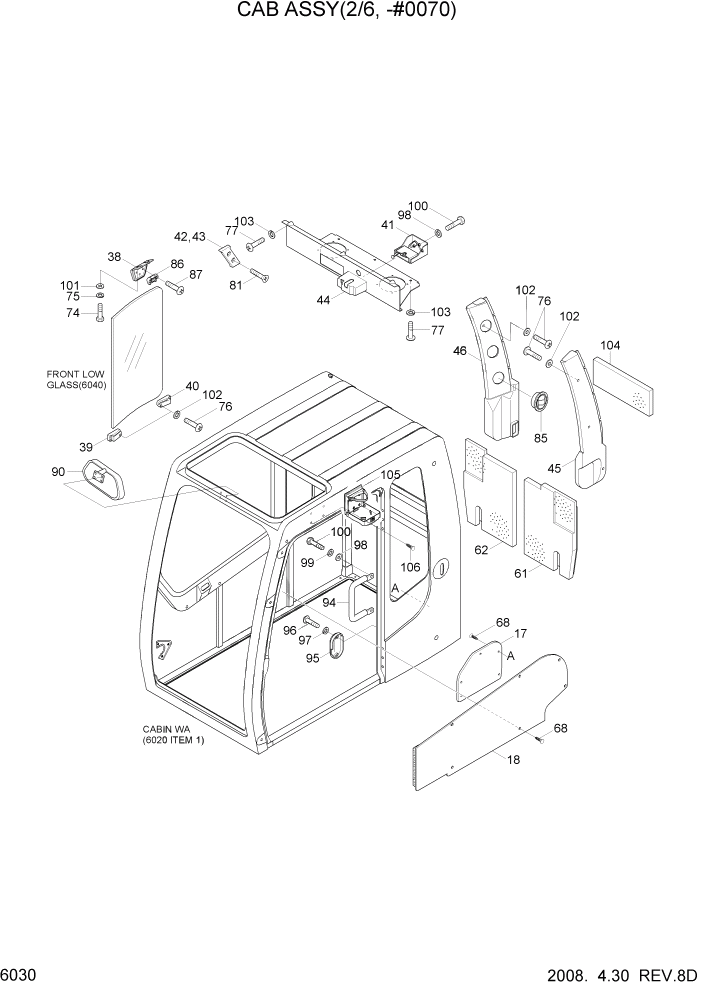 Схема запчастей Hyundai R140W7A - PAGE 6030 CAB ASSY(2/6, -#0070) СТРУКТУРА