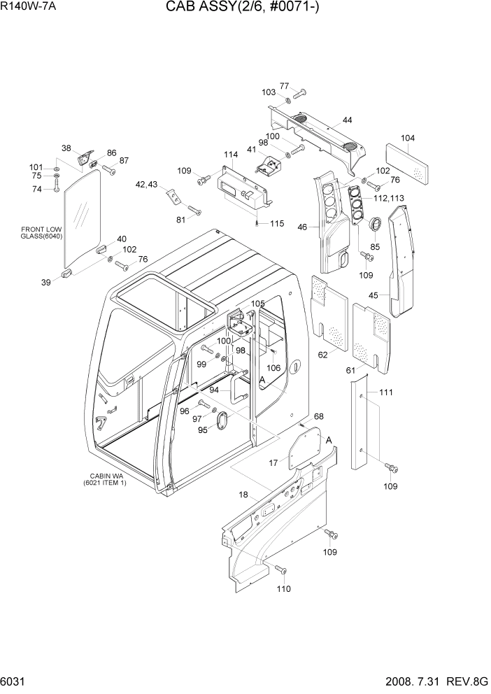 Схема запчастей Hyundai R140W7A - PAGE 6031 CAB ASSY(2/6, #0071-) СТРУКТУРА