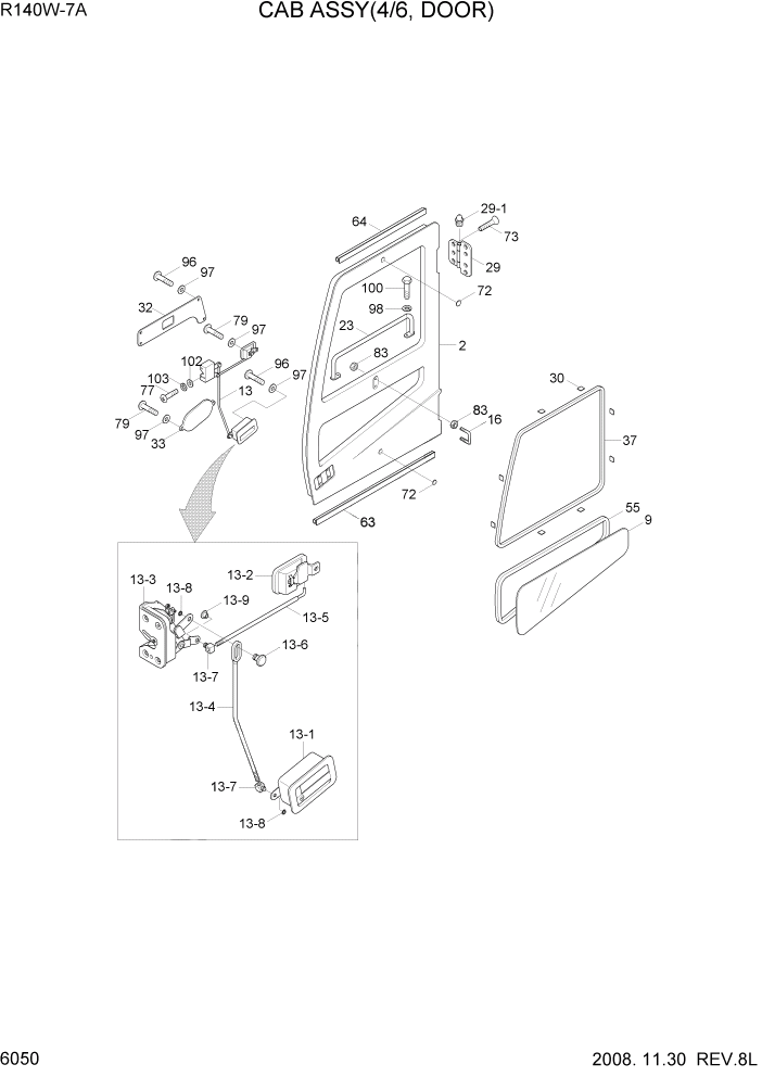 Схема запчастей Hyundai R140W7A - PAGE 6050 CAB ASSY(4/6, DOOR) СТРУКТУРА