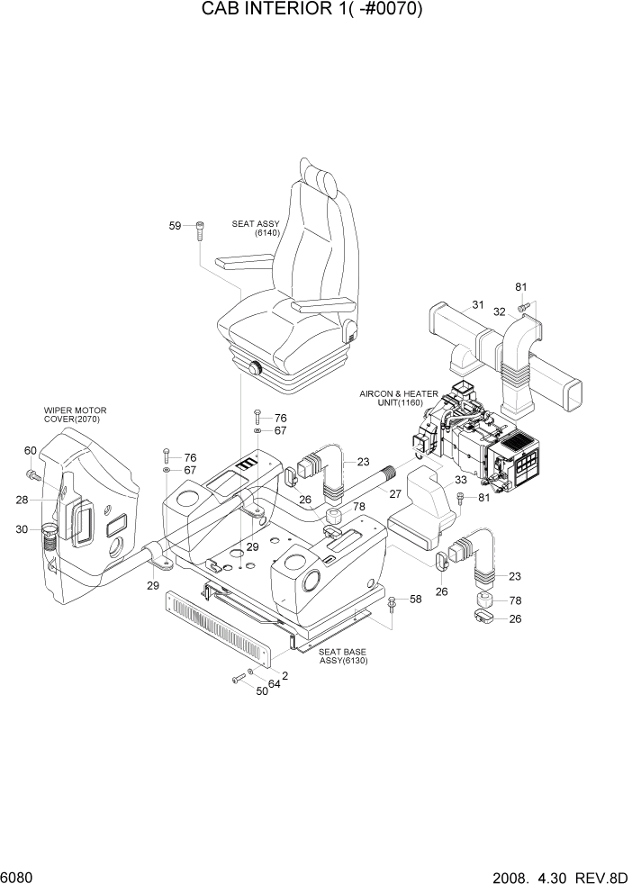 Схема запчастей Hyundai R140W7A - PAGE 6080 CAB INTERIOR 1(-#0070) СТРУКТУРА