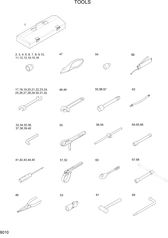 Схема запчастей Hyundai R140W7A - PAGE 8010 TOOLS ДРУГИЕ ЧАСТИ