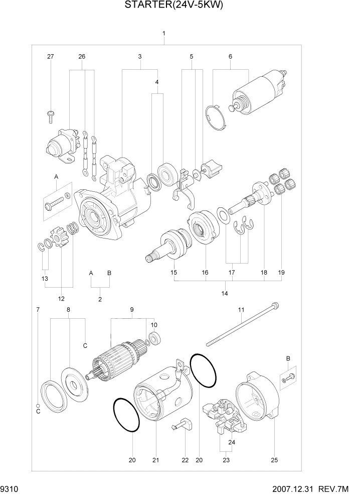 Схема запчастей Hyundai R140W7A - PAGE 9310 STARTER (24V-5KW) ДВИГАТЕЛЬ БАЗА