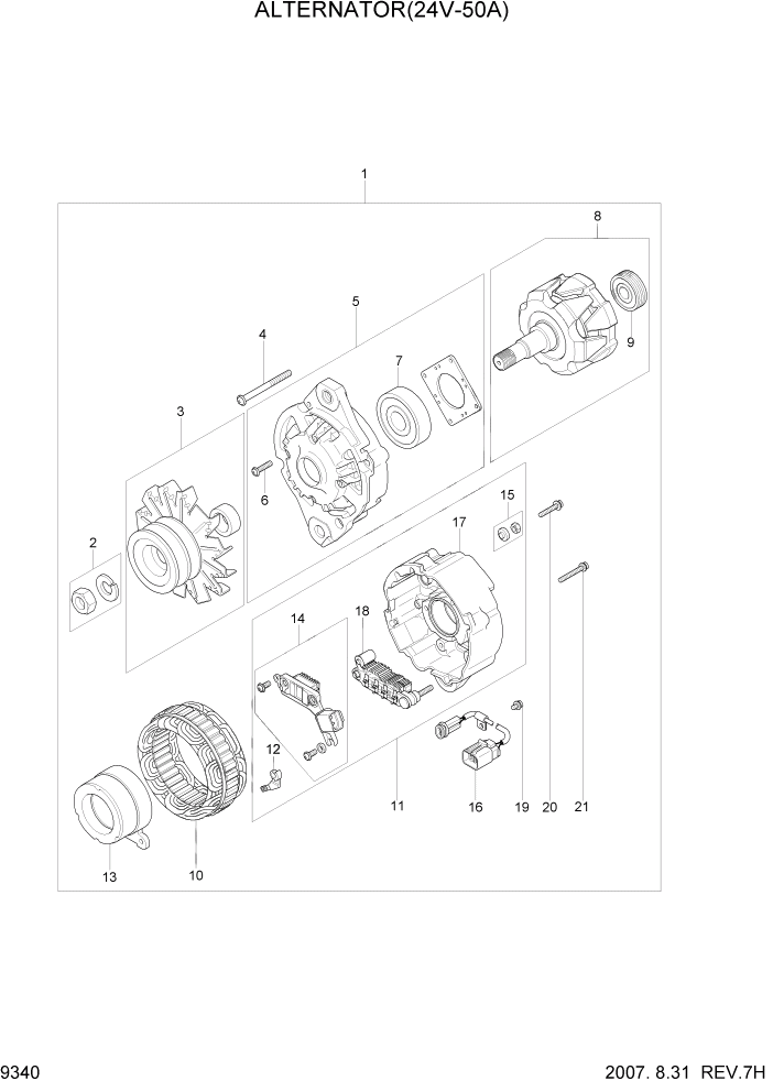 Схема запчастей Hyundai R140W7A - PAGE 9340 ALTERNATOR (24V-50A) ДВИГАТЕЛЬ БАЗА