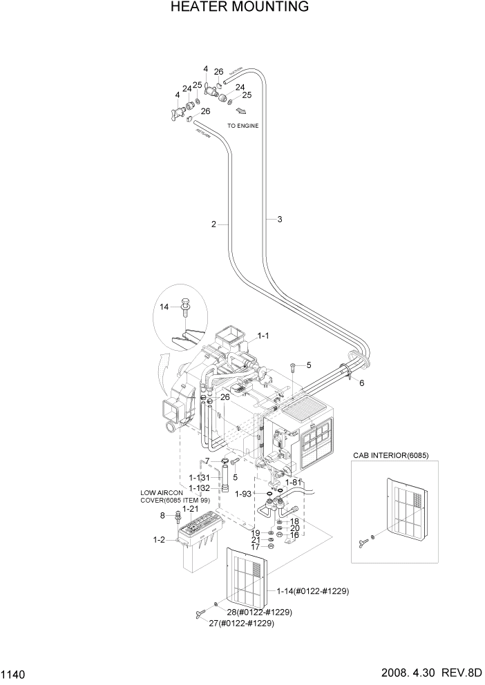 Схема запчастей Hyundai R170W7 - PAGE 1140 HEATER MOUNTING СИСТЕМА ДВИГАТЕЛЯ