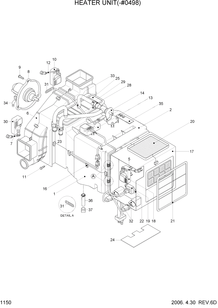 Схема запчастей Hyundai R170W7 - PAGE 1150 HEATER UNIT(-#0498) СИСТЕМА ДВИГАТЕЛЯ