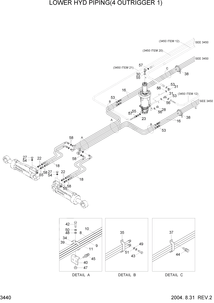 Схема запчастей Hyundai R170W7 - PAGE 3440 LOWER HYD PIPING 1(4 OUTRIGGER) ГИДРАВЛИЧЕСКАЯ СИСТЕМА