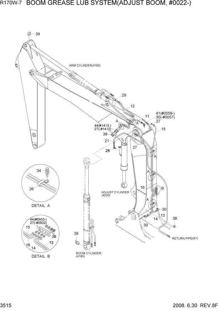 Схема запчастей Hyundai R170W7 - PAGE 3515 BOOM GREASE LUB SYSTEM(ADJ/BOOM, #0022-) ГИДРАВЛИЧЕСКАЯ СИСТЕМА